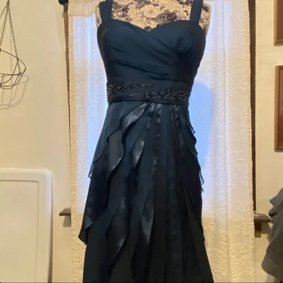 Adrianna Papell Beads Tiered Chiffon Evening Gown Sz 8 Prussian Blue Prom Dress - Picture 6 of 16